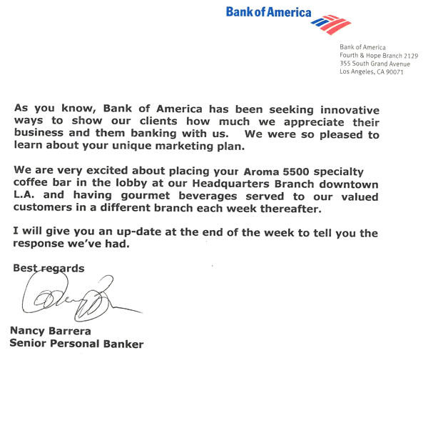 Testimonial letter from Bank of America regarding our free customer appreciation offer.